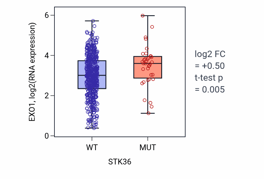 Box plot of EXO1 in STK36-low vs STK36-high samples in UCEC.