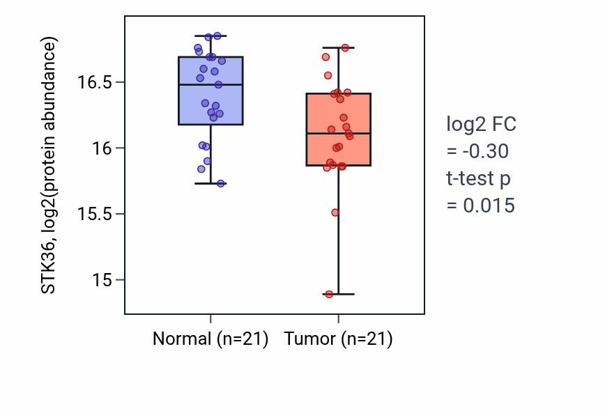 Tumor-vs-normal mass-spec protein box plot for STK36 in LSCC.