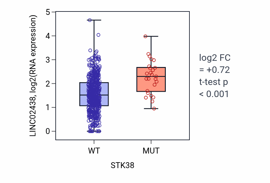 Box plot of LINC02438 in STK38-low vs STK38-high samples in UCEC.