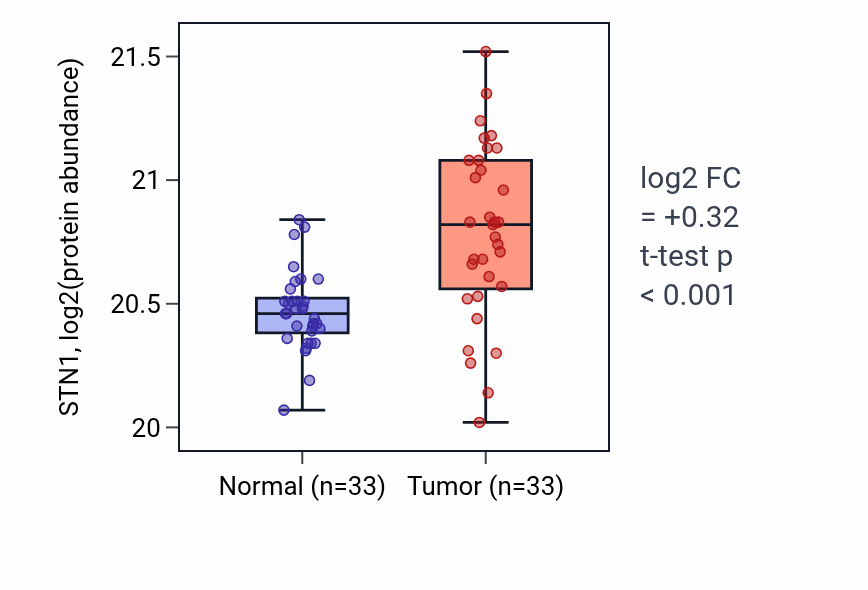 Tumor-vs-normal mass-spec protein box plot for STN1 in CCRCC.