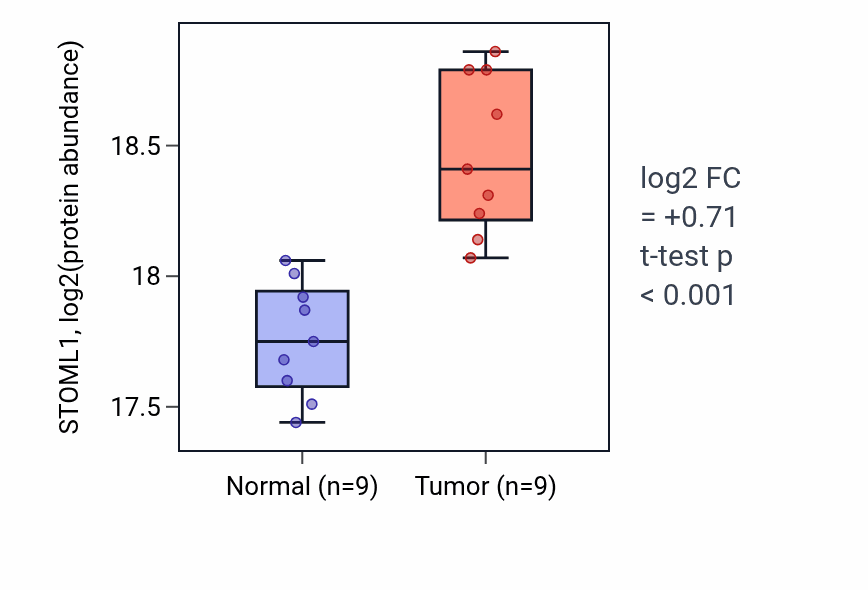 Tumor-vs-normal mass-spec protein box plot for STOML1 in CCRCC.