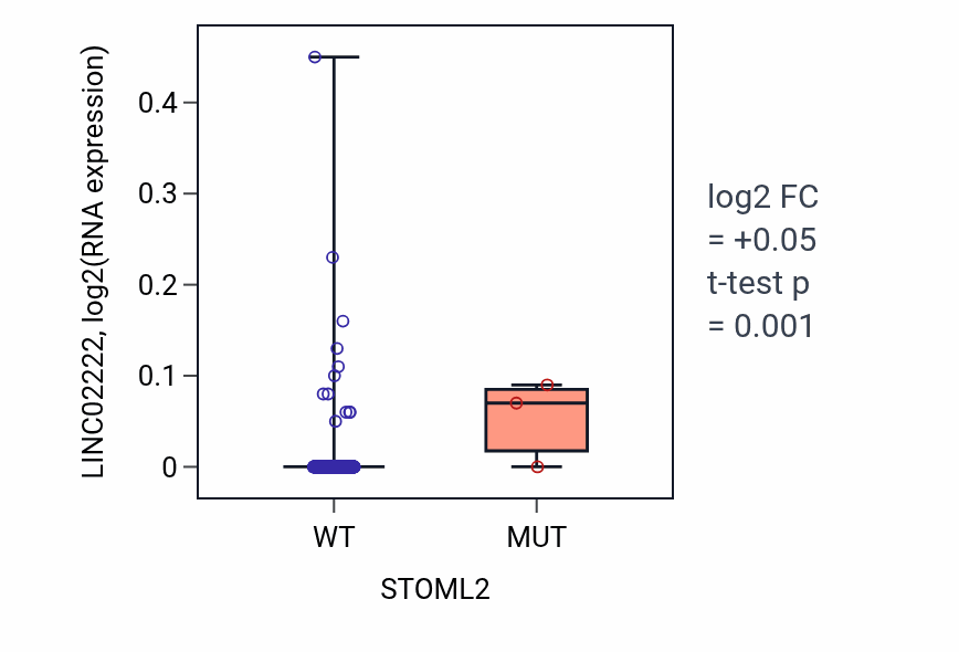 Box plot of LINC02222 in STOML2-low vs STOML2-high samples in LUAD.