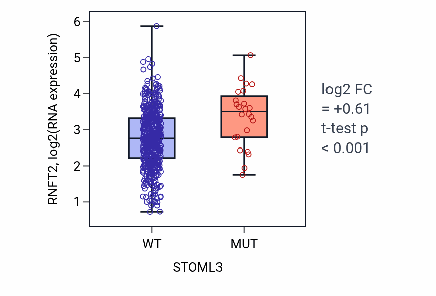 Box plot of RNFT2 in STOML3-low vs STOML3-high samples in UCEC.