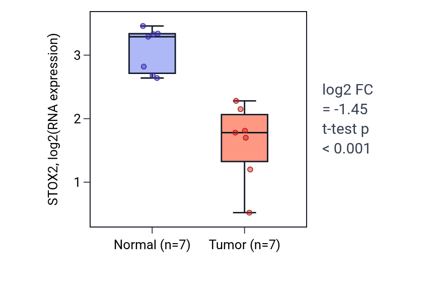 Tumor-vs-normal expression box plot for STOX2 in THCA.