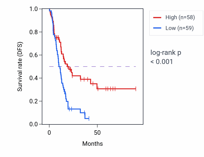 Kaplan&ndash;Meier survival curve for STPG3-AS1 RNA expression in PAAD: high vs low expression groups.