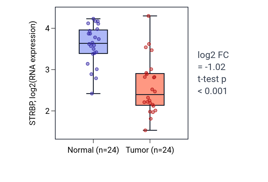 Tumor-vs-normal expression box plot for STRBP in KIRC.