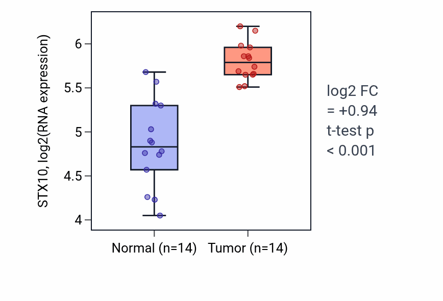 Tumor-vs-normal expression box plot for STX10 RNA in KIRC.