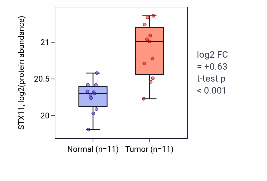 Tumor-vs-normal mass-spec protein box plot for STX11 in CCRCC.