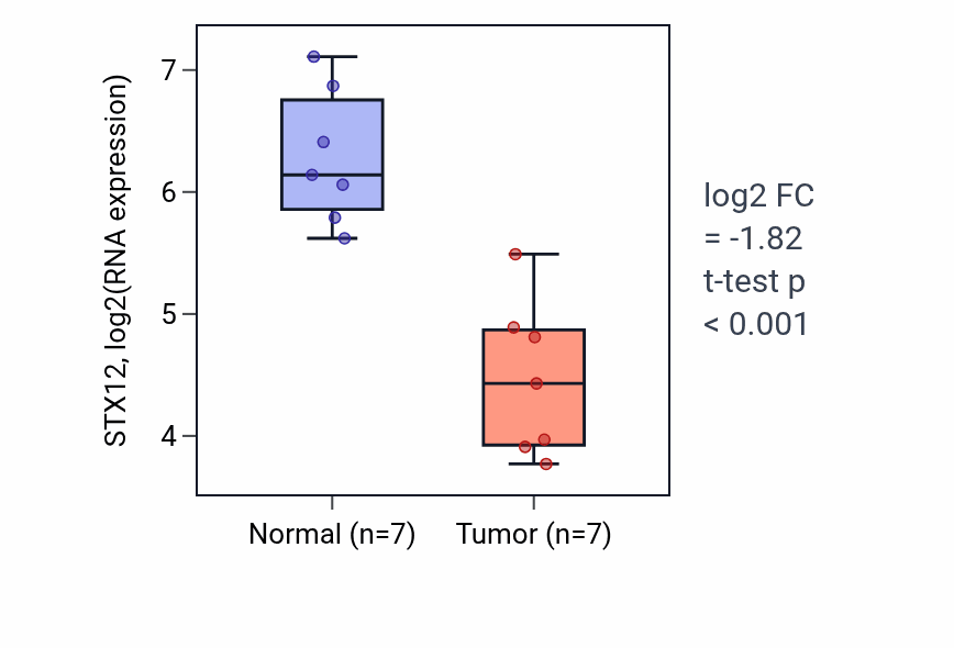 Tumor-vs-normal expression box plot for STX12 RNA in KICH.
