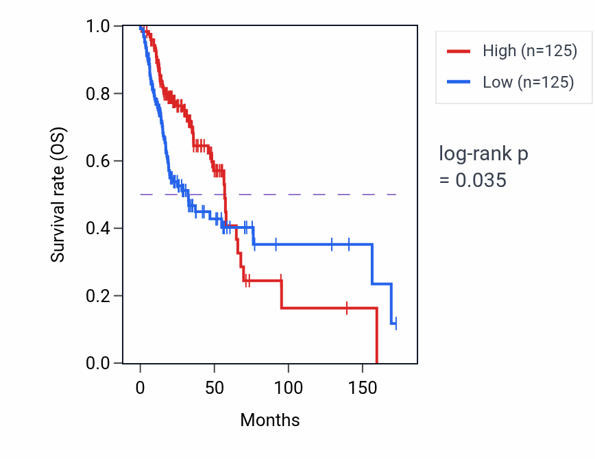 Kaplan&ndash;Meier survival curve for STX19 RNA-high vs -low samples in HNSC.