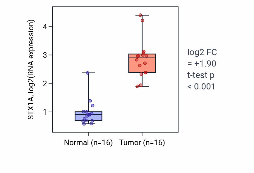 Tumor-vs-normal expression box plot for STX1A RNA in HNSC.