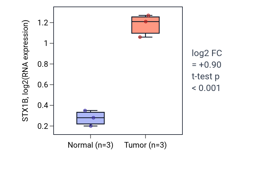 Tumor-vs-normal expression box plot for STX1B in THCA.