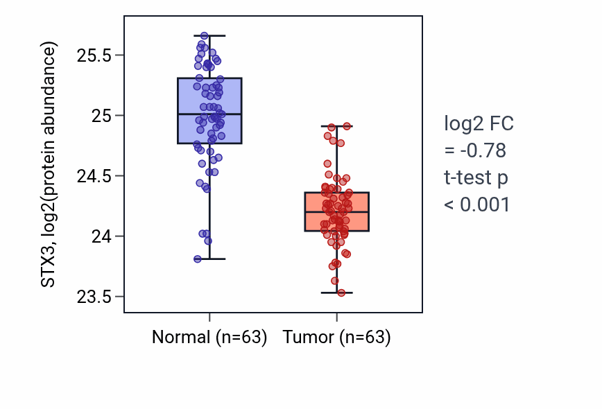 Tumor-vs-normal mass-spec protein box plot for STX3 in CCRCC.