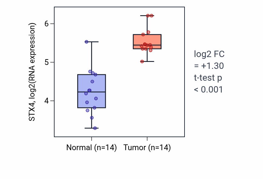 Tumor-vs-normal expression box plot for STX4 RNA in KIRC.