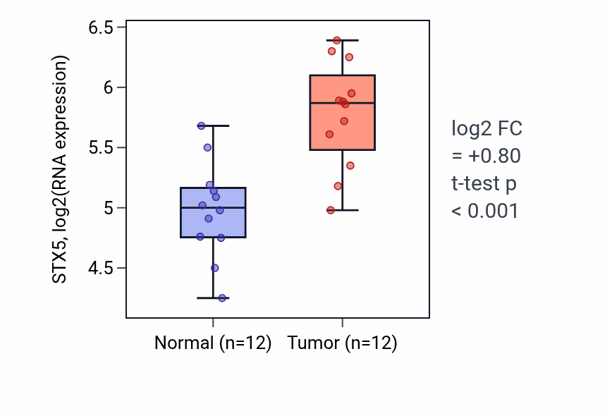 Tumor-vs-normal expression box plot for STX5 RNA in LIHC.