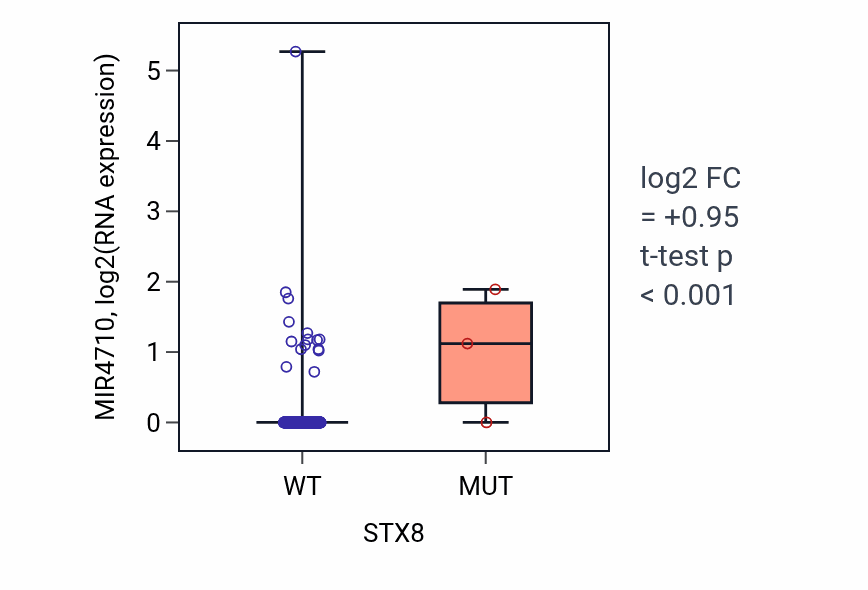 Box plot of MIR4710 in STX8-low vs STX8-high samples in COAD.