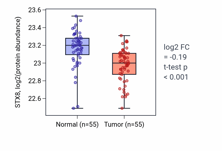 Tumor-vs-normal mass-spec protein box plot for STX8 in COAD.