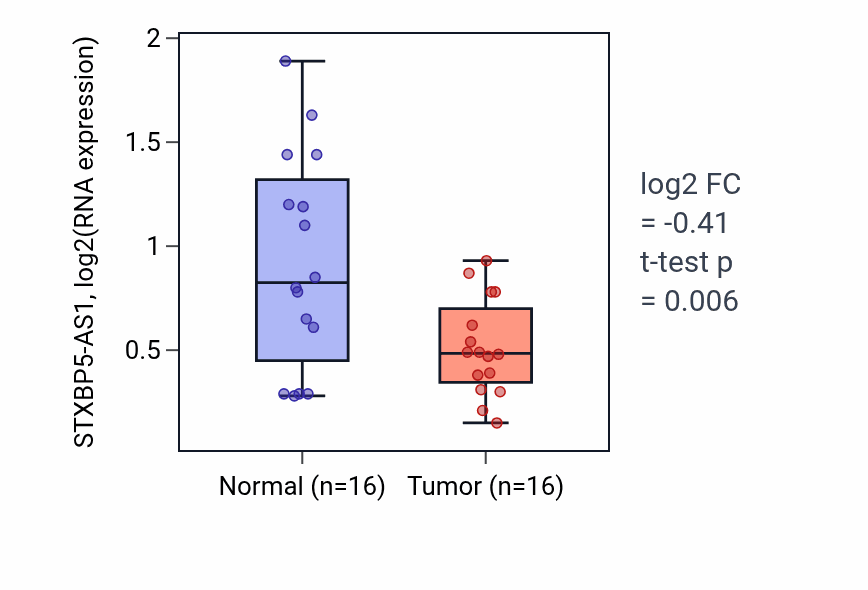 Tumor-vs-normal expression box plot for STXBP5-AS1 RNA in HNSC.