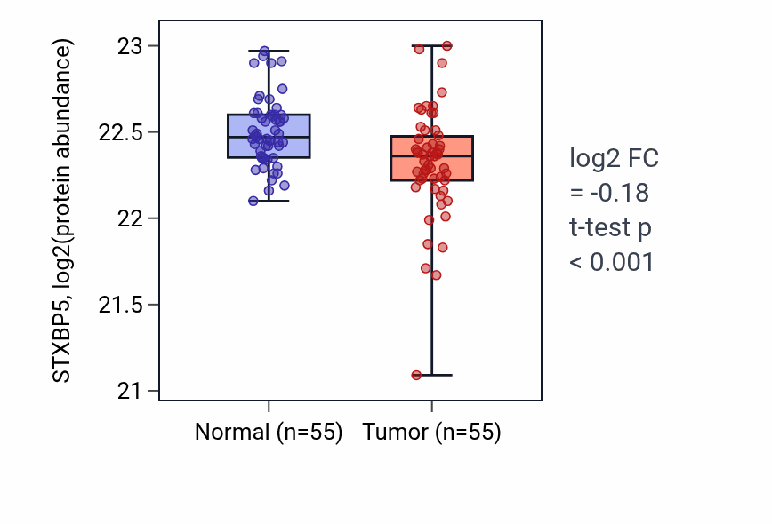 Tumor-vs-normal mass-spec protein box plot for STXBP5 in COAD.