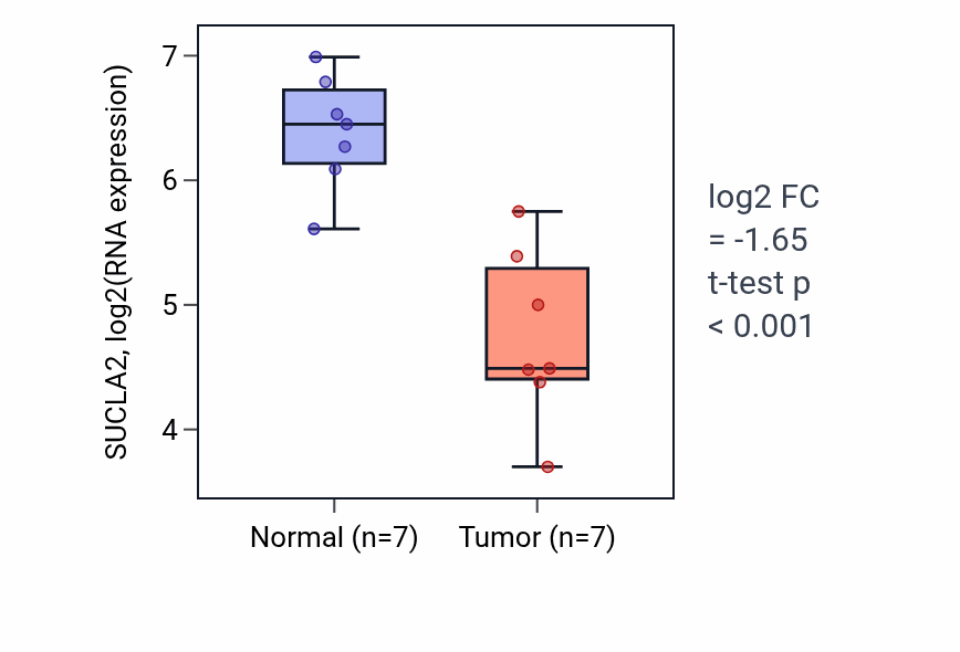 Tumor-vs-normal expression box plot for SUCLA2 RNA in KICH.