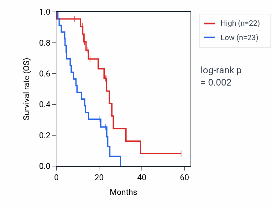 Kaplan&ndash;Meier survival curve for SUCLA2 mass-spec protein-high vs -low samples in PDAC.