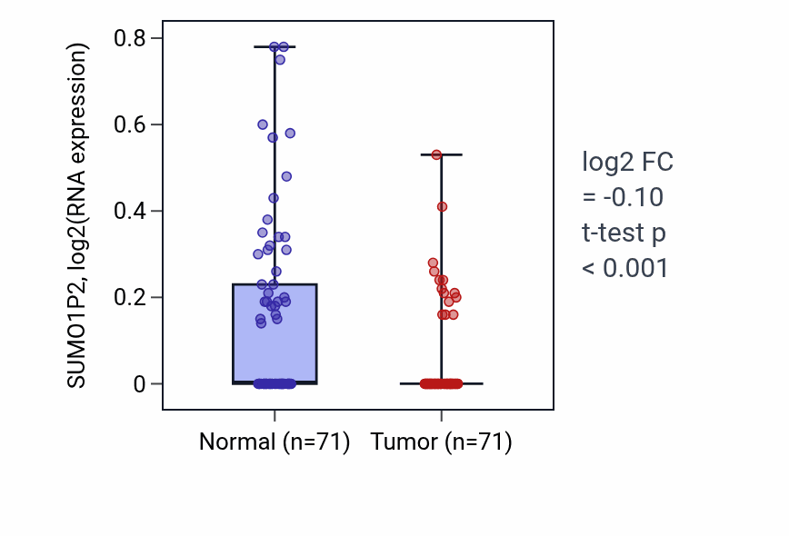 Tumor-vs-normal expression box plot for SUMO1P2 RNA in KIRC.
