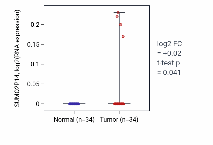 Tumor-vs-normal expression box plot for SUMO2P14 in KIRC.