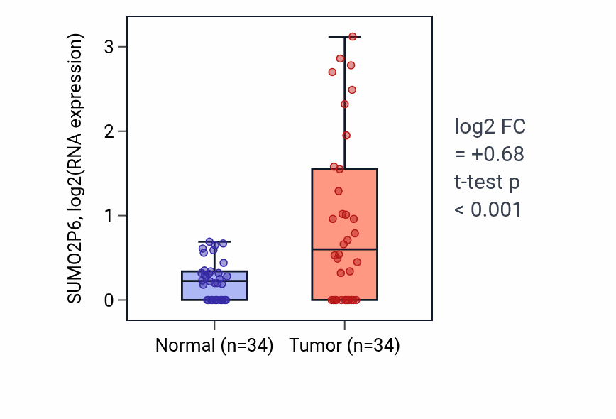 Tumor-vs-normal expression box plot for SUMO2P6 RNA in COAD.