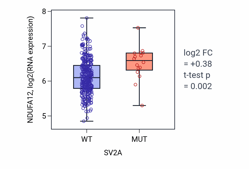 Box plot of NDUFA12 in SV2A-low vs SV2A-high samples in STAD.