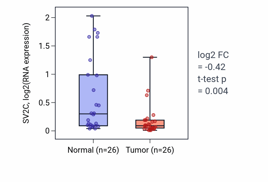 Tumor-vs-normal expression box plot for SV2C in STAD.