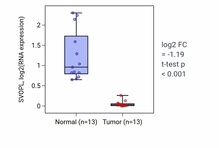 Tumor-vs-normal expression box plot for SVOPL in KIRC.
