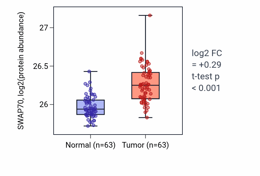 Tumor-vs-normal mass-spec protein box plot for SWAP70 in CCRCC.