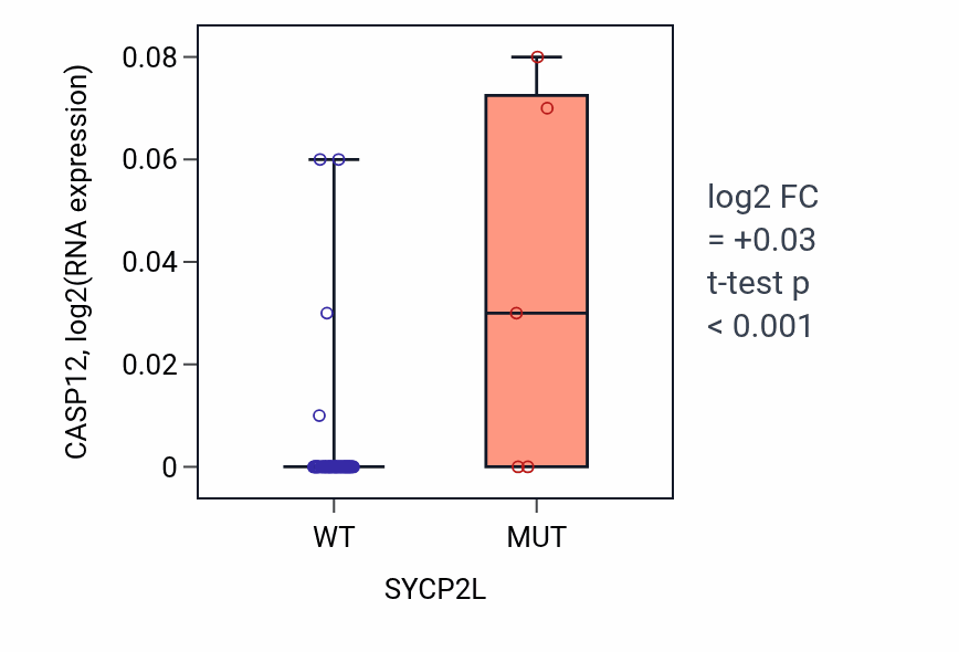 Box plot of CASP12 in SYCP2L-low vs SYCP2L-high samples in LARGE_INTESTINE.