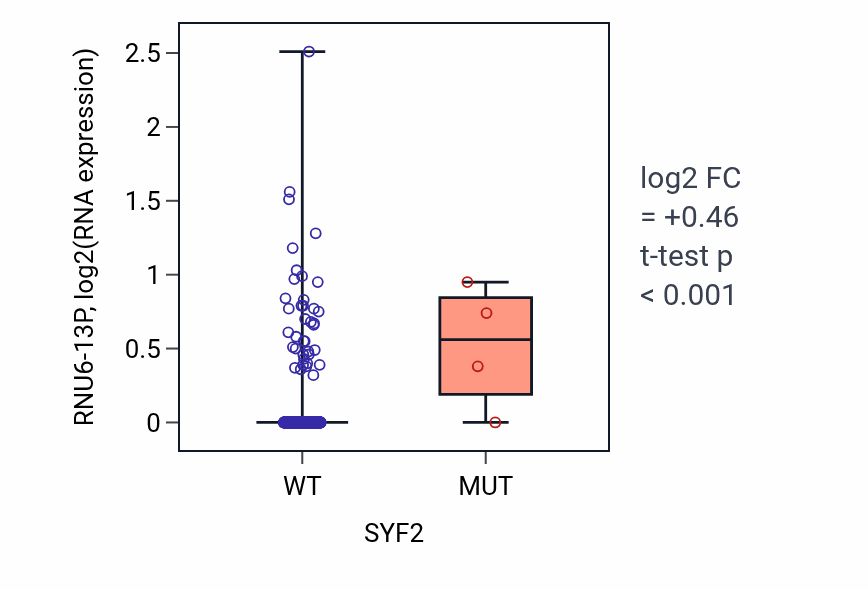 Box plot of RNU6-13P in SYF2-low vs SYF2-high samples in LUAD.