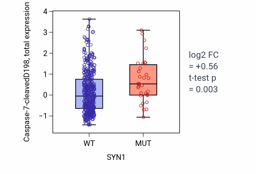 Box plot of Caspase-7-cleavedD198 in SYN1-low vs SYN1-high samples in UCEC.