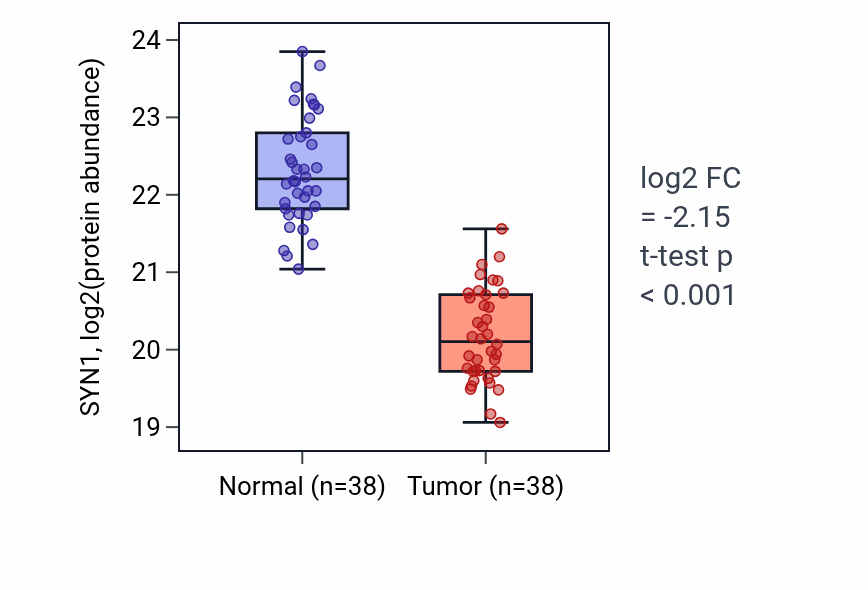 Tumor-vs-normal mass-spec protein box plot for SYN1 in COAD.