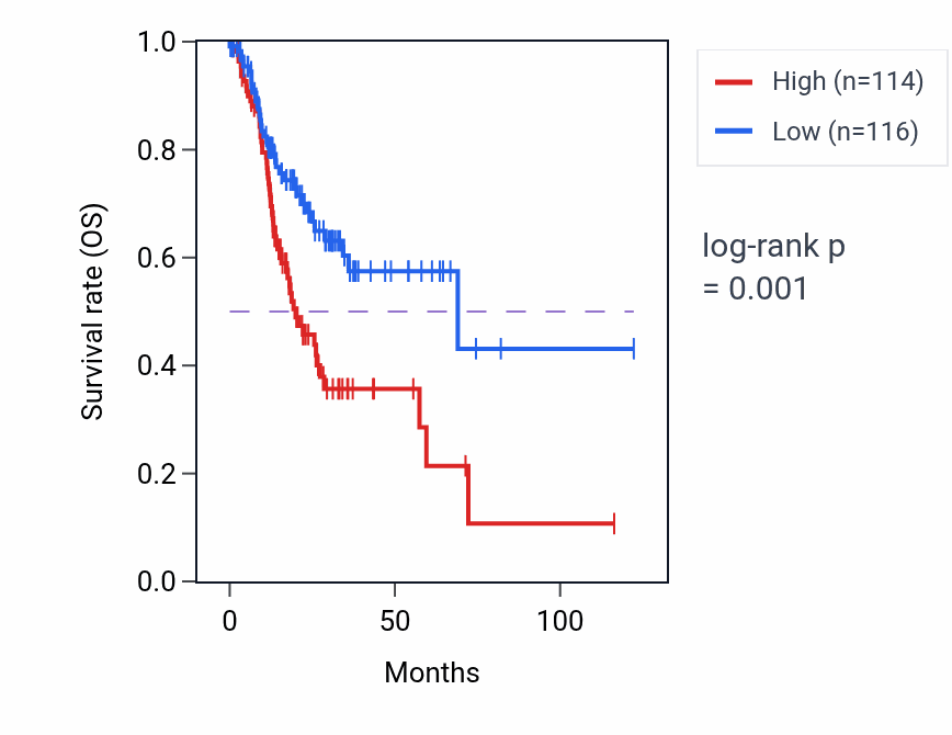 Kaplan&ndash;Meier survival curve for SYN1 RNA-high vs -low samples in STAD.