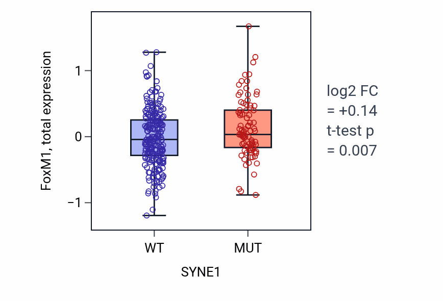 Box plot of FoxM1 in SYNE1-low vs SYNE1-high samples in LUSC.