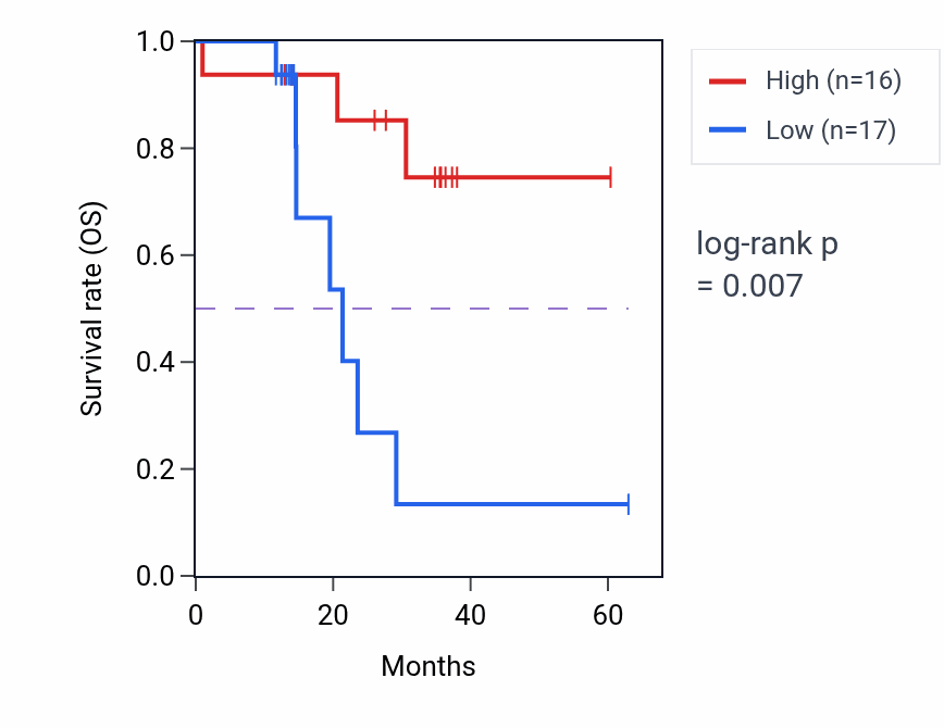 Kaplan&ndash;Meier survival curve for SYNE1 mass-spec protein-high vs -low samples in LUAD.