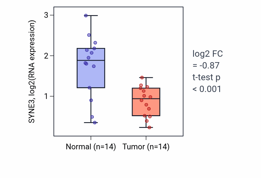 Tumor-vs-normal expression box plot for SYNE3 RNA in BLCA.