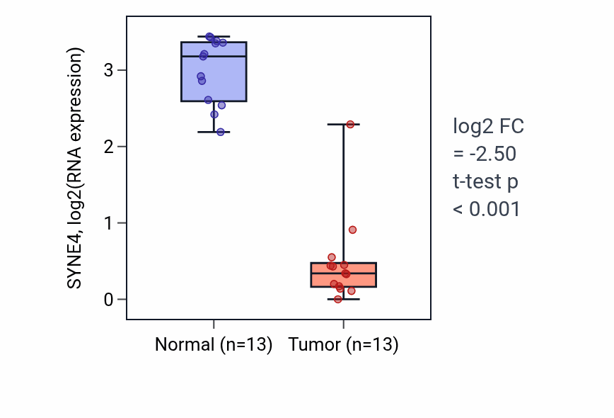 Tumor-vs-normal expression box plot for SYNE4 RNA in KIRC.