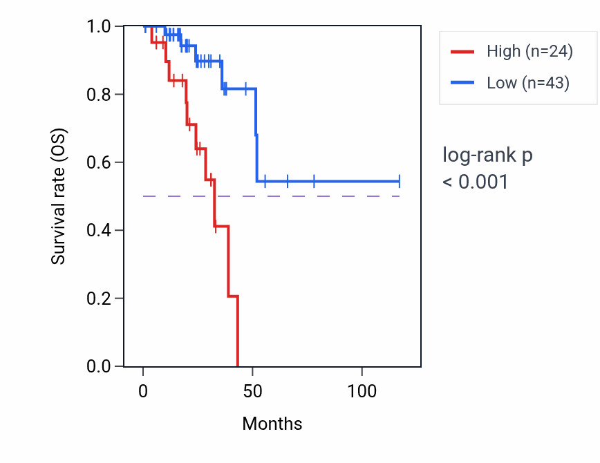 Kaplan&ndash;Meier survival curve for SYNJ2-IT1 RNA expression in READ: high vs low expression groups.