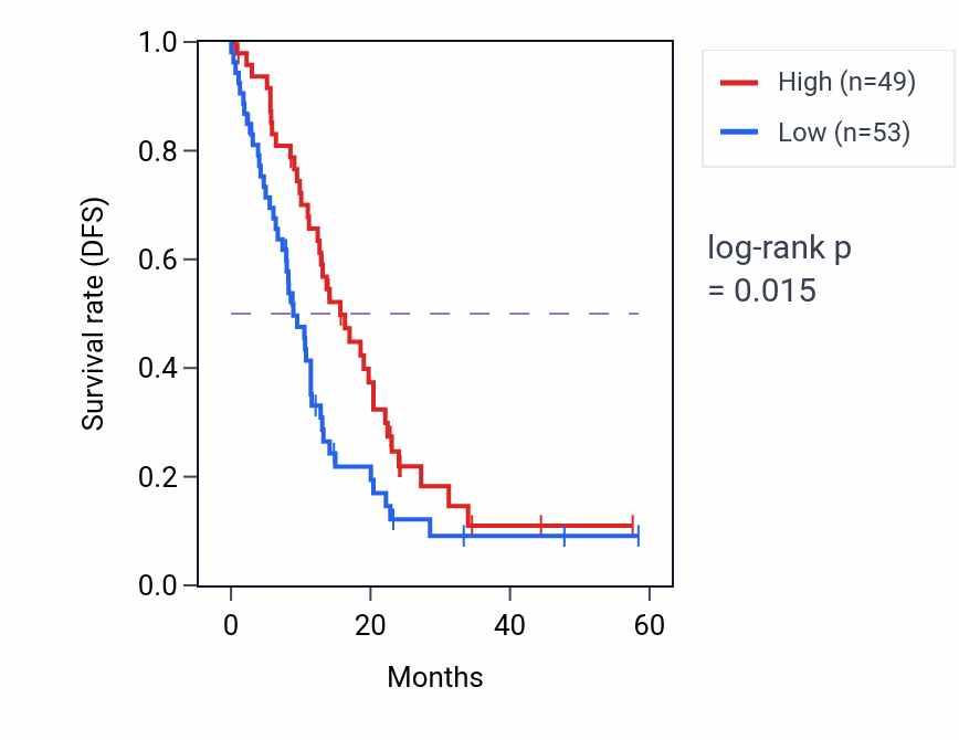 Kaplan&ndash;Meier survival curve for SYNPO mass-spec protein-high vs -low samples in PDAC.
