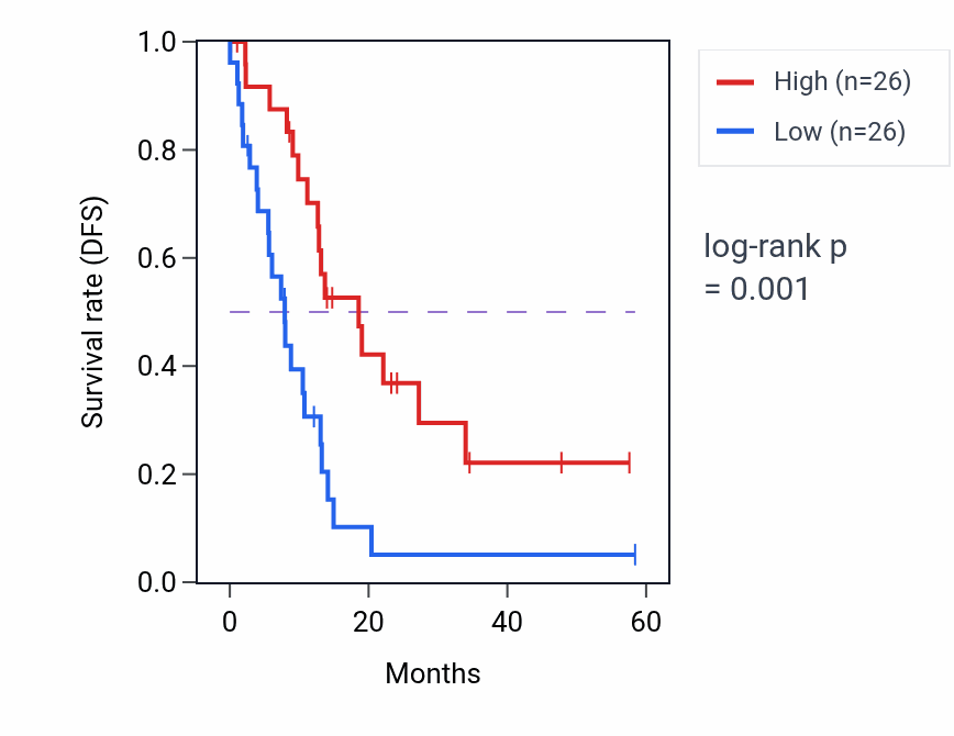 Kaplan&ndash;Meier survival curve for SYNPO2 mass-spec protein-high vs -low samples in PDAC.