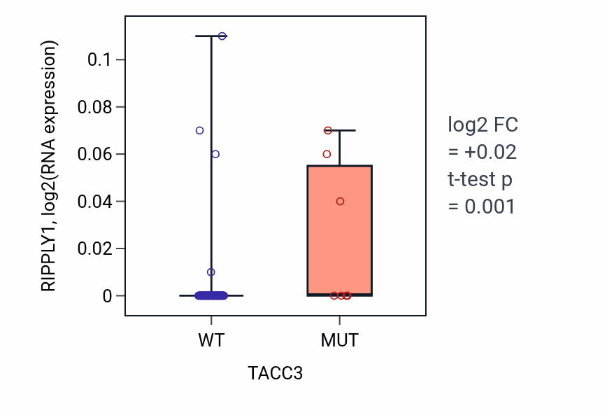 Box plot of RIPPLY1 in TACC3-low vs TACC3-high samples in BLOOD_Leukemia.