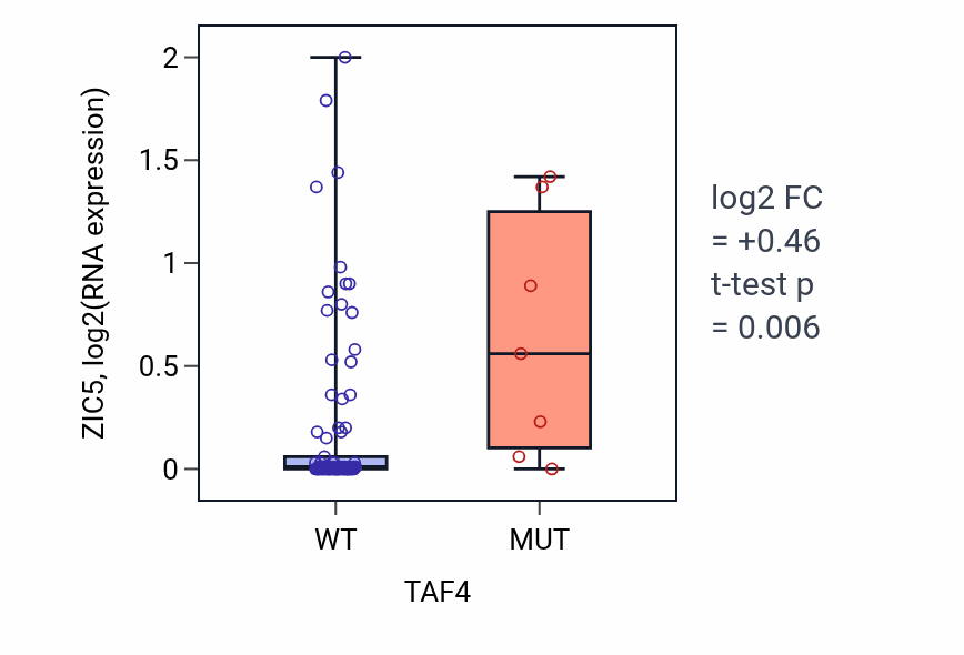 Box plot of ZIC5 in TAF4-low vs TAF4-high samples in BLOOD_Leukemia.