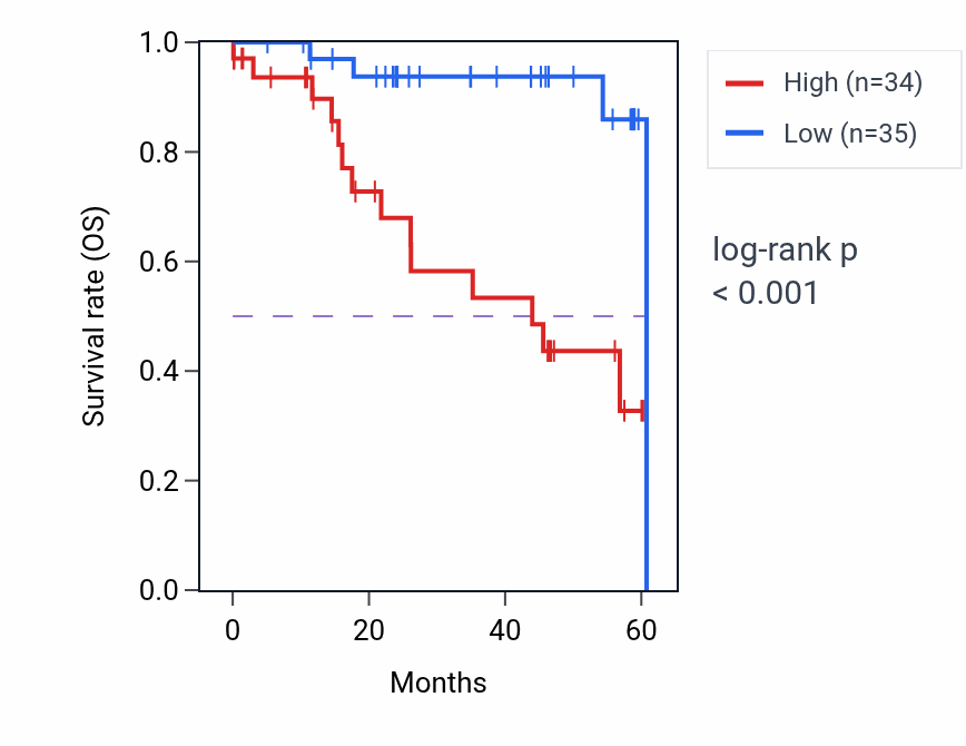 Kaplan&ndash;Meier survival curve for TAGLN2 mass-spec protein-high vs -low samples in LSCC.