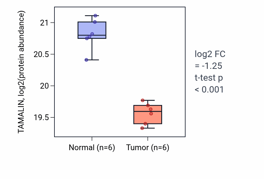 Tumor-vs-normal mass-spec protein box plot for TAMALIN in LUAD.