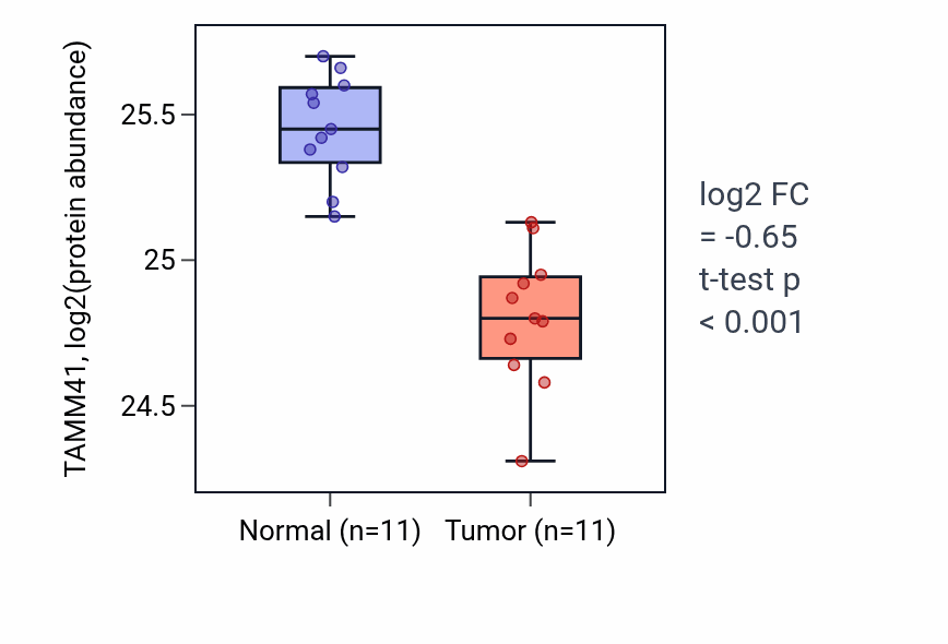 Tumor-vs-normal mass-spec protein box plot for TAMM41 in CCRCC.