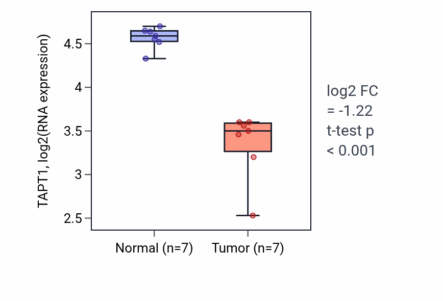 Tumor-vs-normal expression box plot for TAPT1 RNA in THCA.